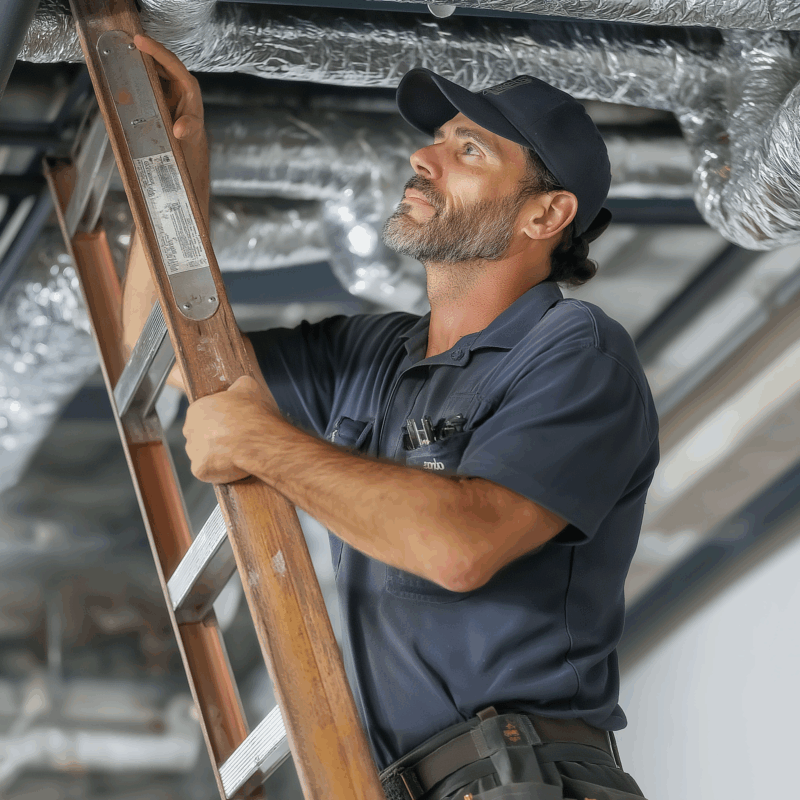 HVAC technician repairing air ducts during heating and cooling system maintenance in Boston MA