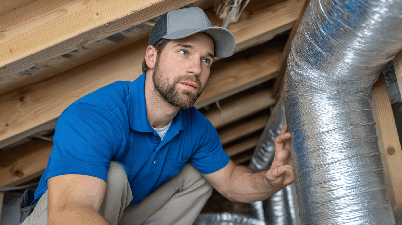 HVAC technician inspecting air duct installation in attic Boston MA